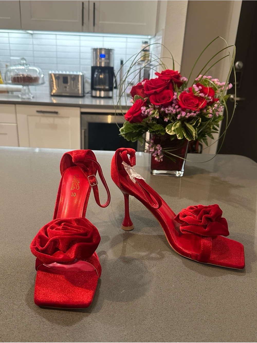 Red Velvet Square Toe Flower Accent Ankle Strap Heels - Size 10